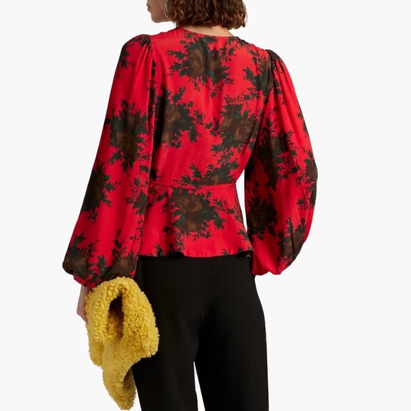 NWT!! GANNI Floral-print crepe de chine wrap top - Picture 6 of 12